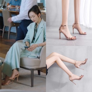 新居之约王鸥陈曦同款金色一字凉鞋细跟高跟鞋子露趾鞋气质显脚瘦