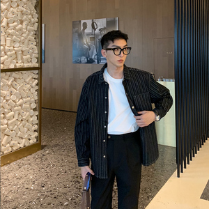 jy轻熟穿搭  春季新款条纹夹克外套男士牛仔衬衫宽松休闲韩版衣服