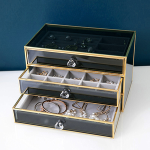 欧式抽屉式高档玻璃首饰盒桌面防尘饰品耳环项链戒指珠宝收纳盒