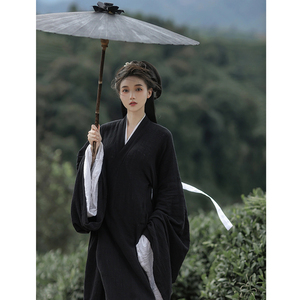 原创黑色汉服女魏晋侠客古装中国风广袖交领古风襦裙汉元素连衣裙