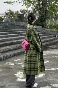 绿色两面穿格纹毛呢大衣外套男冬季韩版高级感中长款呢子情侣风衣