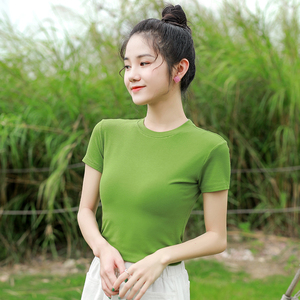 抹茶绿小高领短袖t恤女莫代尔半高领小清新网红ins超火修身上衣服