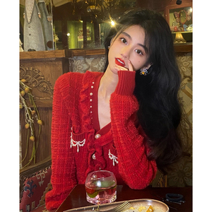 红色过年毛衣女秋冬小个子别致高级感韩系温柔设计感小众开衫外套