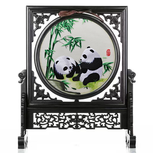 蜀绣檀木手工刺绣双面绣熊猫屏风摆件中国风特色礼物工艺品送老外