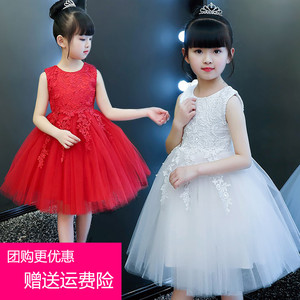 女童公主裙夏装儿童合唱表演出服红色蓬蓬纱裙子小女孩主持人礼服