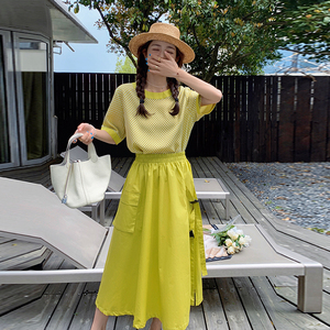 黄色小清新时尚套装裙女短袖2024夏季法式洋气休闲T血长裙两件套