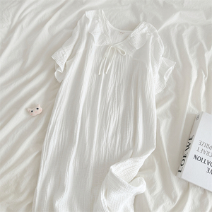 高级感白色睡裙女款夏季双层棉纱短袖连衣裙睡衣女士全棉家居服