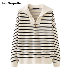 拉夏贝尔/La Chapelle条纹长袖套头翻领卫衣女韩版气质休闲上衣