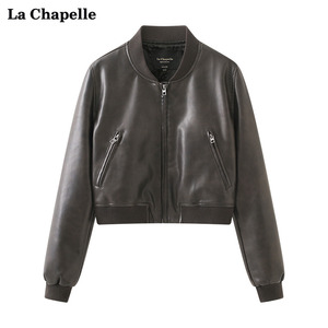 拉夏贝尔/La Chapelle棒球领拉链pu皮夹克女休闲复古机车皮衣外套