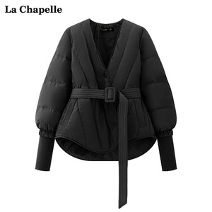 拉夏贝尔/La Chapelle针织拼接V领收腰羽绒服女加厚气质外套冬季