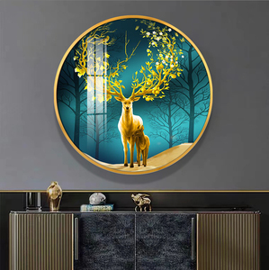 北欧入户招财鹿玄关圆形装饰画现代轻奢高档餐厅挂画晶瓷镶钻壁画