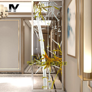 装饰艺术玻璃隔断墙屏风定做玄关餐厅书房阳台现代中式雕刻竹子