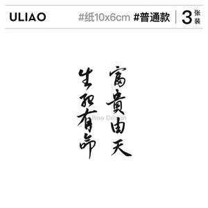 3张 生死有命富贵在天防水持久纹身贴中文男贴字的中国风汉字刺青