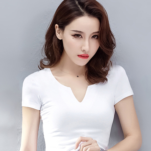 白色短袖t恤女2021夏装新款韩版百搭半袖紧身上衣性感小v领打底衫