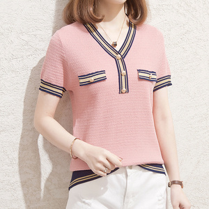 夏天女士薄款短款v领冰丝针织衫上衣女短袖小香风低领打底衫夏季