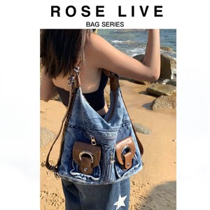 ROSE LIVE复古做旧小众大容量水洗牛仔单肩包包多背法斜跨双肩包