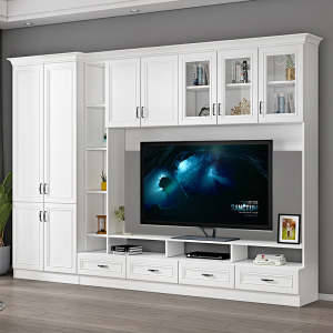 现代客厅整面背景墙电视柜一体组合欧式书柜定制整体书架储物柜子