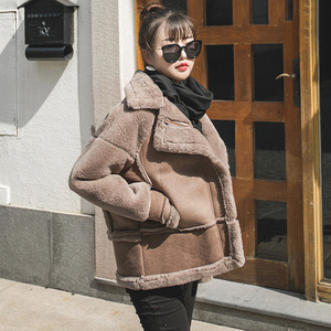 皮毛一体外套女短款2018新款潮加绒加厚鹿皮绒chic羊羔毛机车服冬