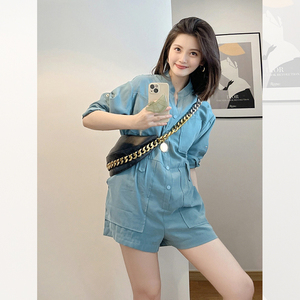 蓝色短袖连体裤套装女春秋高级连身裤网红连体衣短裤气质名媛新款