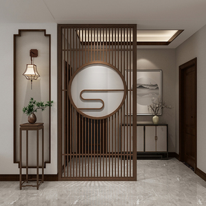 现代中式祥云屏风隔断客厅装饰入户玄关隔断镂空木质花格遮挡餐厅