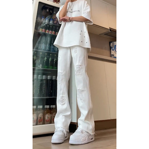 微喇破洞牛仔裤男夏季设计感炸街高腰显瘦白色裤子修身毛边直筒裤