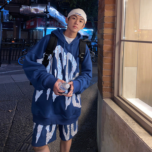 时尚套装男ins潮牌夏季嘻哈运动连帽卫衣高街男孩穿搭短裤两件套