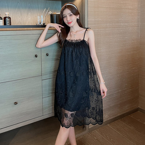 ins蕾丝吊带睡裙夏季薄款睡衣女性感仙女风网纱中长裙休闲家居服
