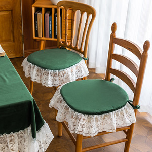 美式纯色四季通用布艺坐垫可拆洗绑带蕾丝花边拼接法式餐椅垫薄款