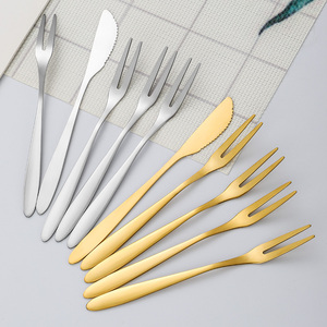 不锈钢月饼刀叉套装镀金二齿水果叉西式甜品小叉子月饼