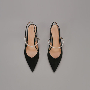 纯原sw珍珠链条尖头露跟高跟鞋柔软细腻优雅气质v形舒适凉鞋