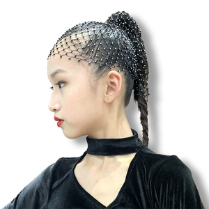 新款儿童舞蹈盘发女童专业表演水钻隐形发网套发尾女孩拉丁头饰