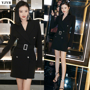 2019新款景甜明星同款黑色钻扣西装连衣裙显瘦时尚年会ol西装裙女