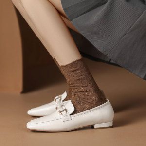 diaoer吊尔 通勤入~!金属扣乐福鞋女真皮一脚蹬懒人方头平跟单鞋