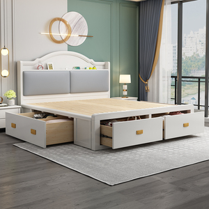 白色实木床抽屉式收纳床1.8米现代简约高箱储物床双人气压主卧床