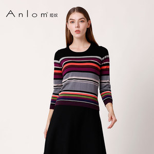 anlom/娅奴桑蚕丝针织衫女装长袖秋季新款时尚条纹圆领套头衫上衣
