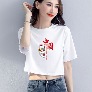 中国风t恤女夏宽松短款高腰露脐白色t桖短袖国潮脸谱印花上衣薄款