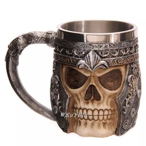欧美畅销3D骷髅杯树脂双层不锈钢马克杯恐怖骷髅骨头咖啡饮水杯