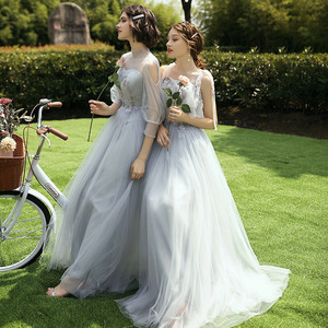 灰色伴娘服2021新款秋季仙气质长款姐妹团礼服女闺蜜装连衣裙显瘦