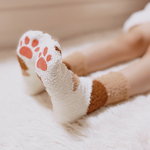 猫爪袜女秋冬情侣地板大人加绒睡觉保暖可爱居家不掉毛珊瑚绒袜子