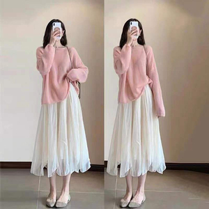 白色套装两件套网纱纱裙半身裙女冬季秋冬裙子长裙半裙冬天配毛衣