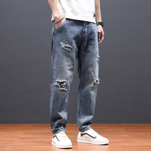 破洞牛仔裤男春季2022年新款直筒宽松大码乞丐男裤子潮流休闲长裤