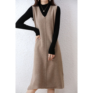 气质叠穿100纯羊毛马甲连衣裙女中长款v领宽松显瘦针织无袖背心裙