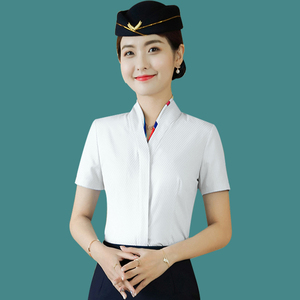 空姐服装职业套装女白衬衫女工作服夏季v领短袖无领衬衣酒店工装