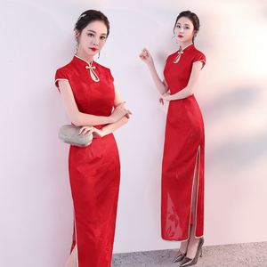 礼仪旗袍迎宾颁奖小姐服复古宴会气质开叉性感大码走秀礼服连衣裙