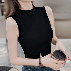 半高领背心女无袖t恤内搭纯棉中领黑色打底衫外穿时尚洋气百搭潮