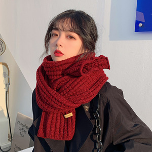 百搭韩版针织毛线红色围巾女2023新款冬季高级感新年礼物情侣围脖