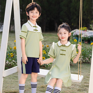 幼儿园园服新中式小学生班服夏季绿色短袖短裙儿 童运动校服套装