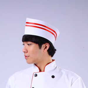 厨师帽子男餐饮厨房平顶帽船帽工帽酒店餐厅食堂白色红边透气布帽