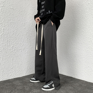 开叉下摆拖地裤子男士宽松直筒春秋款潮流百搭阔腿休闲裤帅气坠感