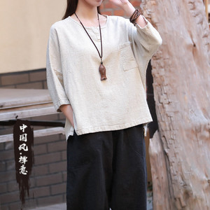 佛系衣服春季中国风棉麻婵服装禅意素罗女装禅修服古风汉元素t恤